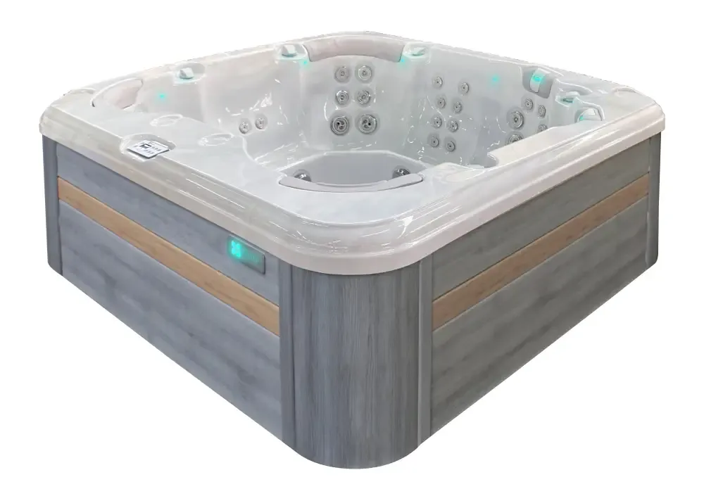 PassionSpa Resettle Spabad med grå trätextur, vit topp, jetmunstycken och blå LED PassionSpa Resettle Spabad med grå trätextur, vit topp, jetmunstycken och blå LED